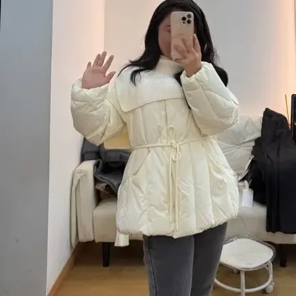 针织披肩中长款收腰系带冬季加厚保暖白鸭绒羽绒服