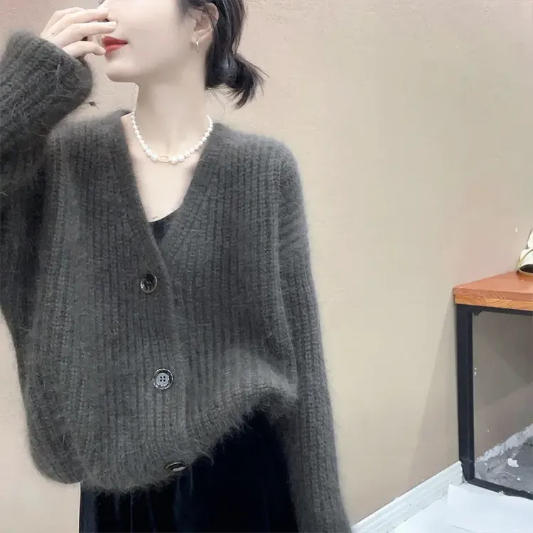春秋灰色慵懒风长袖短款毛衣外套女2025秋季小个子时尚软糯感上衣