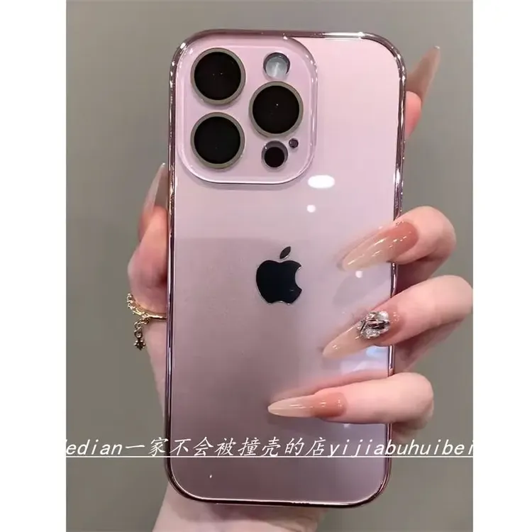 适用硬壳玫瑰金电镀玻璃镜头膜iPhone16手机壳15promax防摔14全包