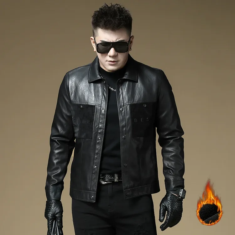 欧货高端加绒皮衣男款秋冬季新款潮流翻领青年机车皮夹克男士外套