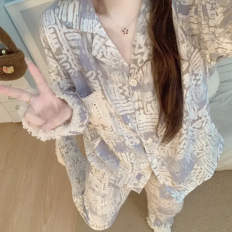 睡衣女2025新款春秋季亲肤棉复古流苏边长袖长裤可外穿家居服套装