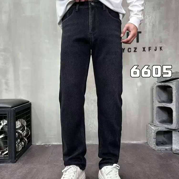 男士秋冬加绒水洗复古直筒弹力牛仔裤