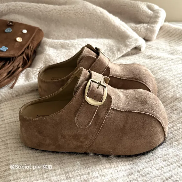 秋冬新款爆火小个子厚底增高森系包头半拖鞋女一脚蹬丑萌勃肯鞋