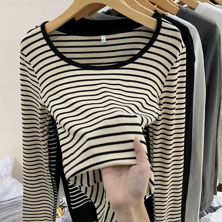 欧货撞色条纹长袖t恤女春季设计感修身显瘦大圆领内搭上衣打底衫