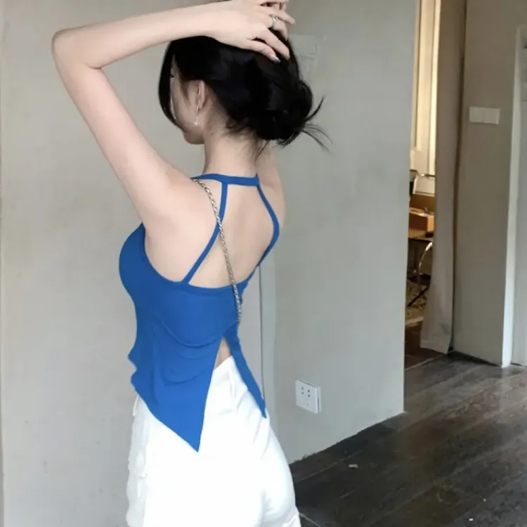 春夏挂脖吊带背心女内搭带胸垫开叉美背设计感短款辣妹潮修身显瘦