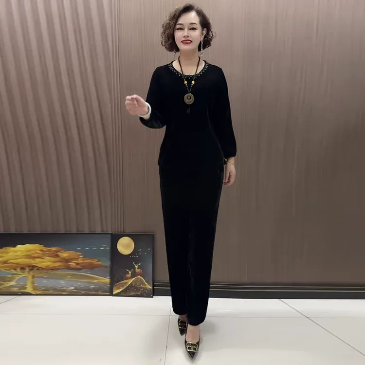 829高档妈妈装丝绒套装长袖上衣裤子纯色国风显瘦宽松大码两件套
