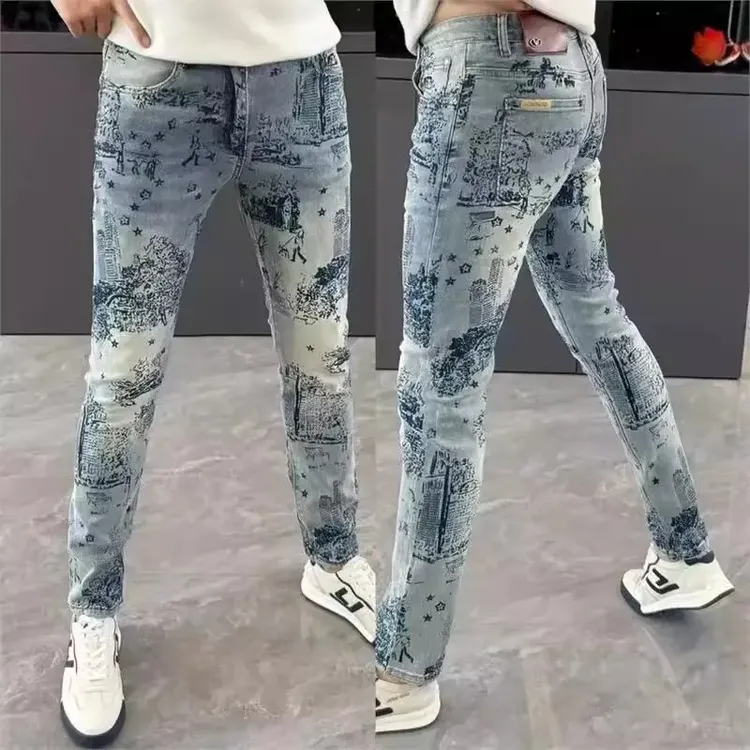 牛仔裤时尚潮流印花男士长裤修身显瘦百搭小裤个性舒适亲肤男裤