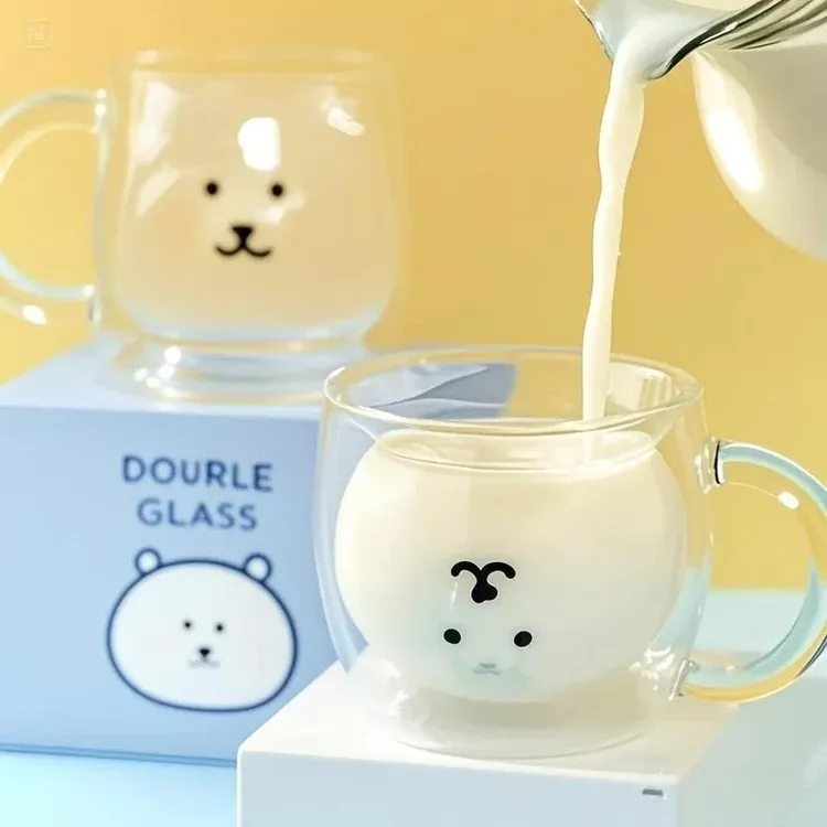 自嘲熊杯子网红创意小熊卡通双层耐热高硼硅情侣玻璃杯牛奶杯av