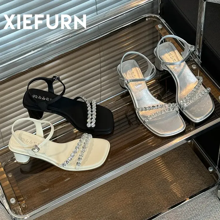 XIEFURN/鞋夫人2024夏季新款仙女风水钻法式一字带粗跟气质凉鞋