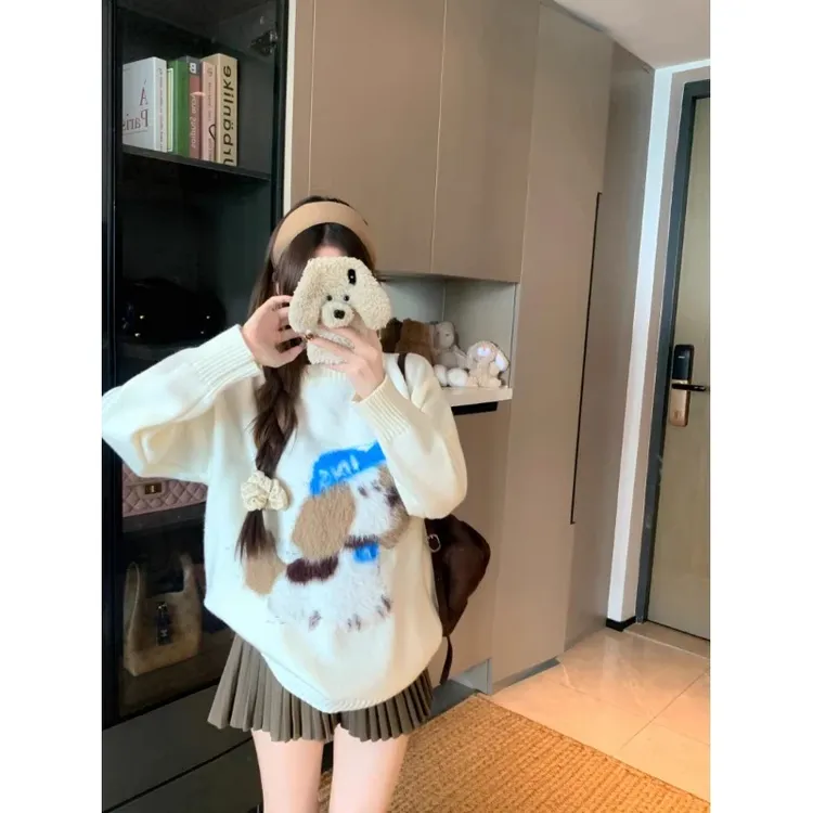 秋冬季新款休闲宽松显瘦慵懒风针织百搭毛绒小狗圆领毛衣女上衣