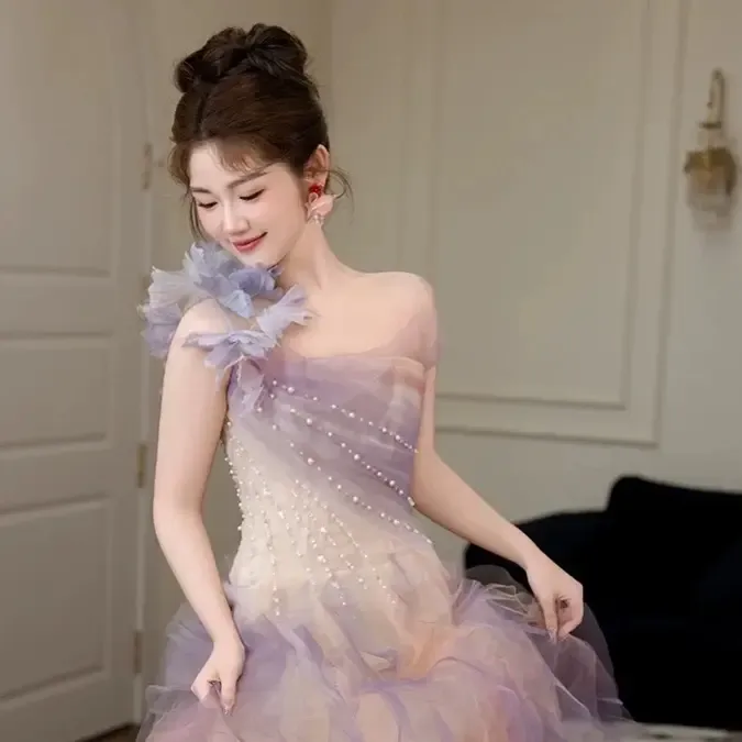 短袖礼服晚礼服侘寂风拖尾裙参考详情中腰花色仙气