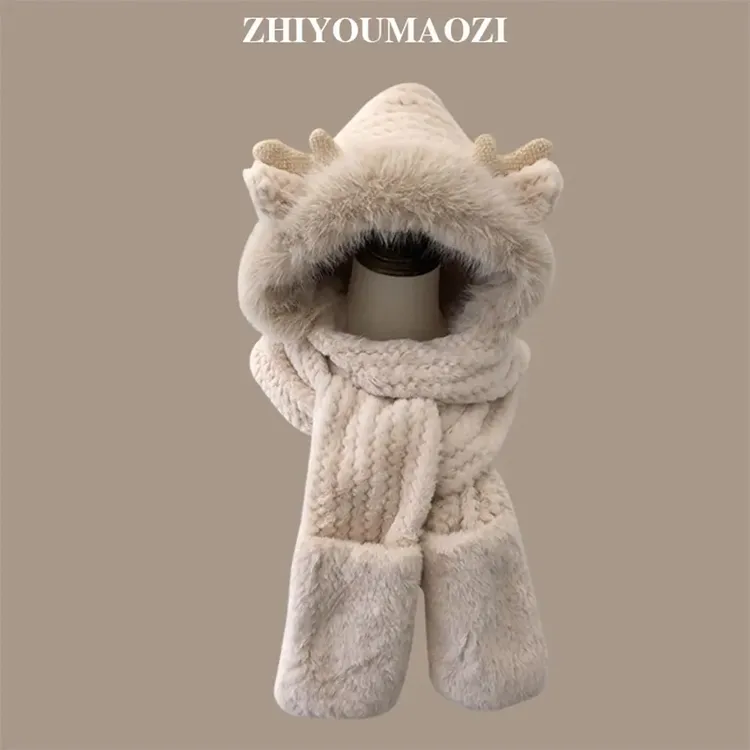 冬天小龙角毛茸茸保暖护耳三件套双层加厚围巾手套一体帽鹿角加绒