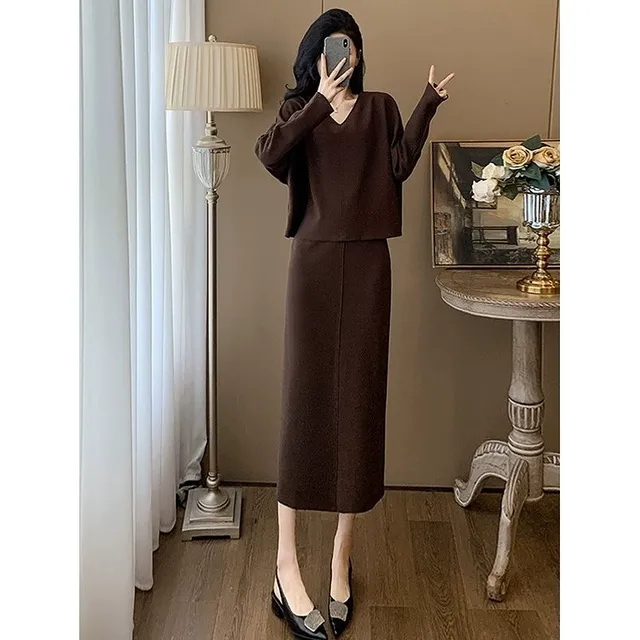 高级感穿搭时尚套装女2024早秋季V领长袖上衣半身裙长裙两件套装