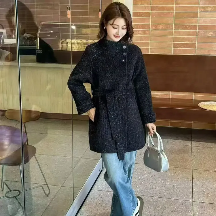 秋冬季黑色女款中长款宽松立领百搭羊毛双面大衣