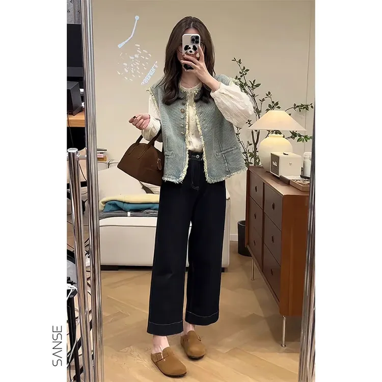 秋季一整套韩系穿搭百搭时尚牛仔马甲气质衬衫显瘦牛仔裤三件套装