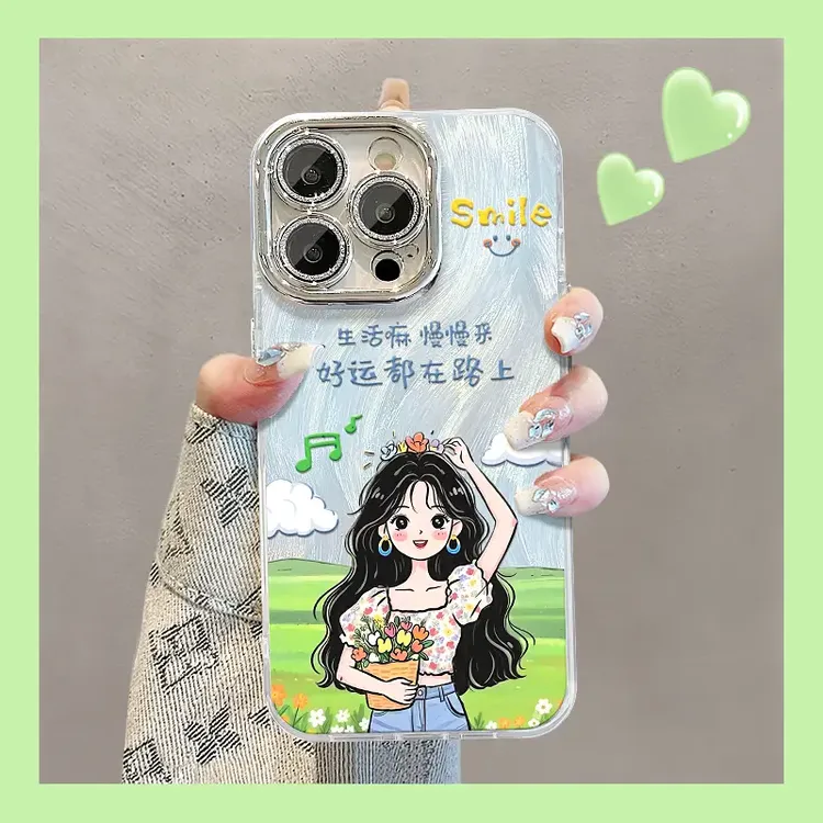适用治愈女孩苹果16pro精孔羽纱iPhone手机壳华为vivooppo小米15