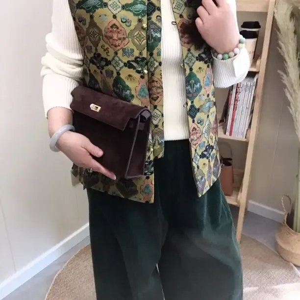 国风款宽松马甲新中式桑蚕丝唐锦宝相花纹复古显瘦