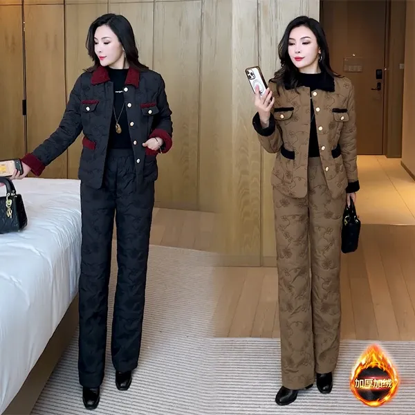 加绒加厚时尚套装女冬季新款洋气显瘦小香风短款棉衣阔腿裤两件套
