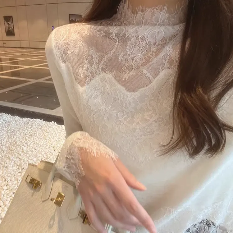 德丽妮法式高领蕾丝上衣女春秋新款白色温柔感拼接针织打底衫内搭