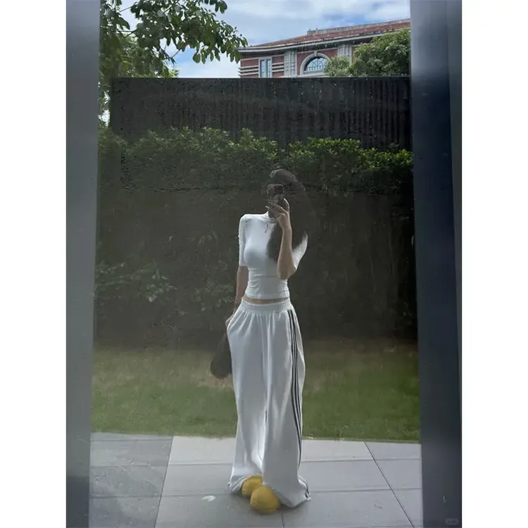 洋气衣服女简约风圆领T恤短袖上衣美式条纹休闲宽松显瘦阔腿长裤