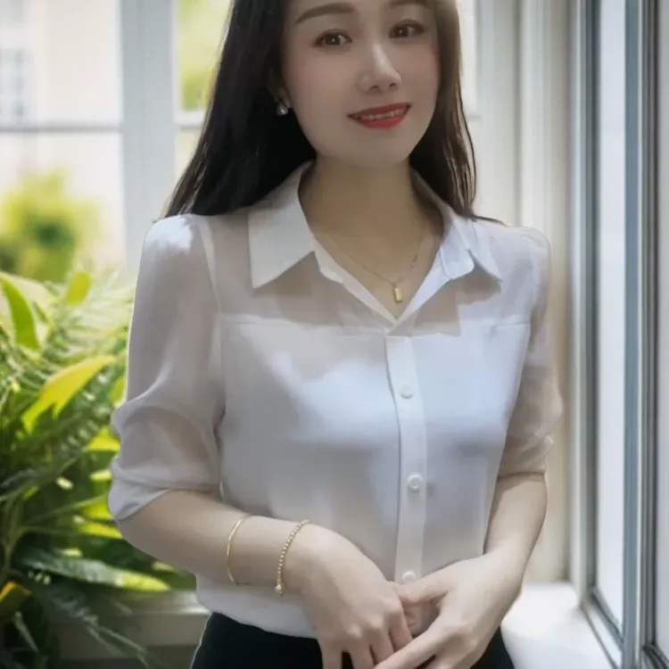 新款女人味气质时尚衬衫九分袖套头翻领黑色网纱显瘦百搭上衣女夏