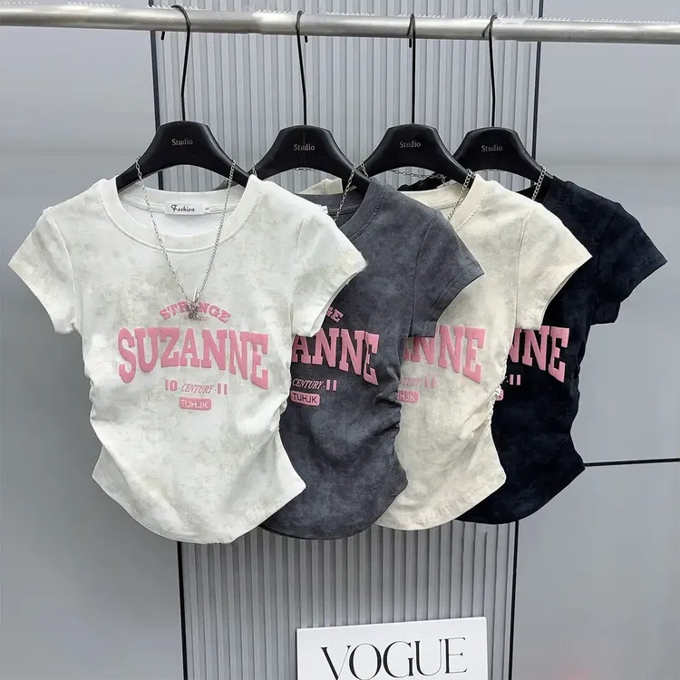 扎染粉色字母短袖t恤2025年夏季显瘦褶皱收腰韩版圆领百搭上衣女