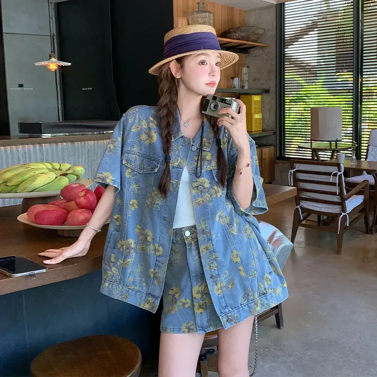 碎花小香风牛仔外套短裙套装2025新款女夏薄款小个子一整套988#