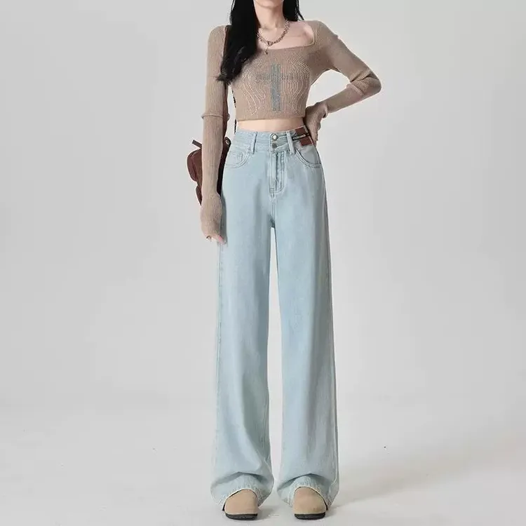 雪千羽浅蓝色窄版阔腿牛仔裤女春秋2025新款高腰宽松垂感拖地裤子