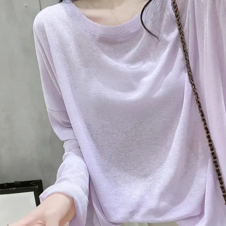 夏季长袖防晒罩衫女装慵懒风薄款针织衫圆领宽松空调衫设计感上衣