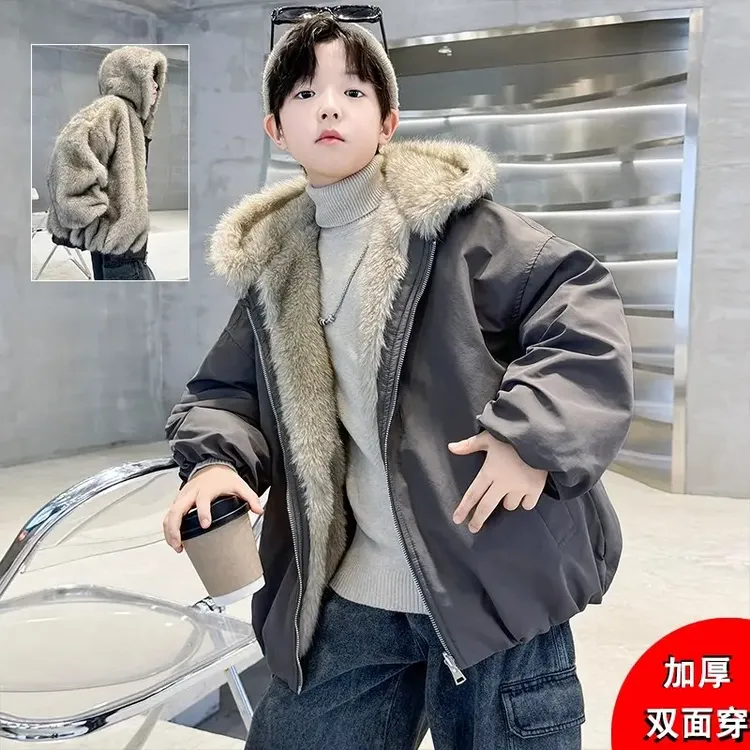 儿童装男童加绒外套冬装2025新款中大童双面穿秋冬季加厚皮毛一