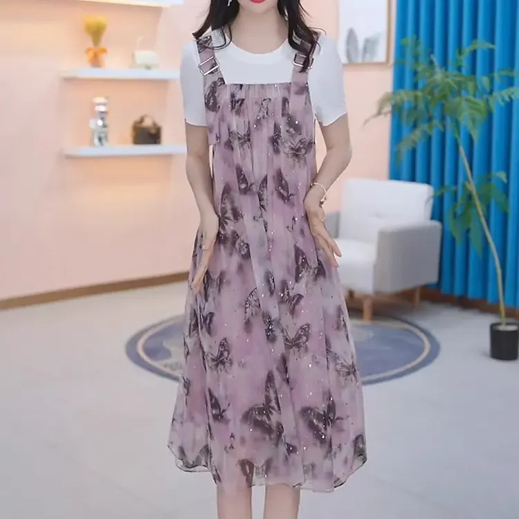2025新款高端夏季背带高级感连衣裙女洋气质轻奢小个子假两件套装