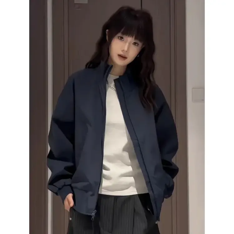 藏青色美式立领飞行夹克男女秋季cleanfit外套廓形短款工装棒球服