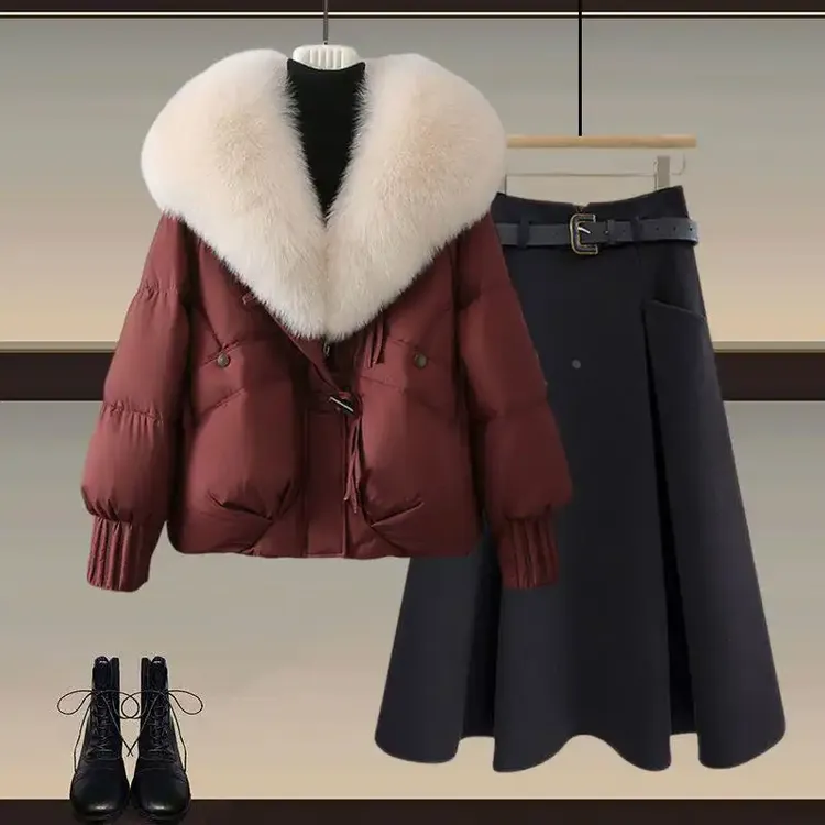 2025冬季新款保暖加厚毛领棉服外套女搭配高腰显瘦半身裙两件套