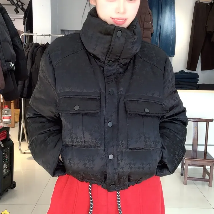 立领千鸟格短款冬季保暖女士外套