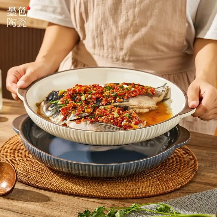 大号剁椒鱼头专用盘子菜盘家用双耳龙虾大盘鸡蒸鱼盘鱼碗鱼盆餐具