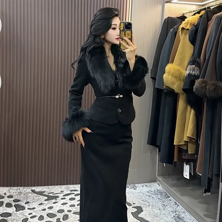 师小姐定制～狐狸毛复古小香风气质黑色套装展现法式高级感2568