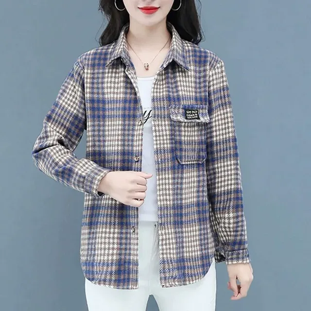 春秋季新款厚毛呢格子衬衫女爆款中老年女士格子衬衫显瘦宽松外套