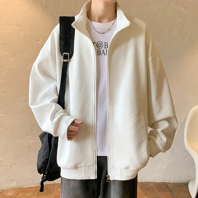 春秋新款设计感纯色字母提花开衫卫衣外套男立领宽松夹克青年休闲