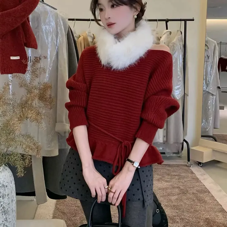 【海南简爱】温柔风一字领荷叶边收腰系带针织衫毛衣 （配毛领） 1222