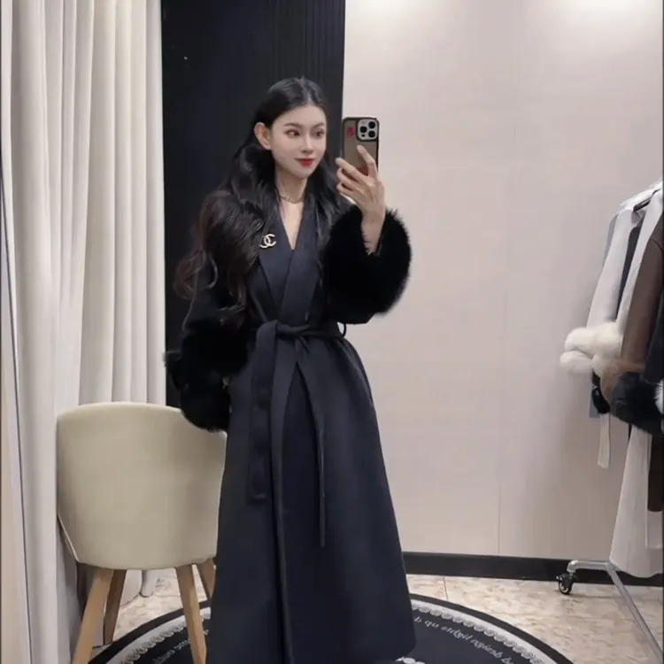 韩版气质领大衣女秋冬收腰显瘦中长款双面呢外套