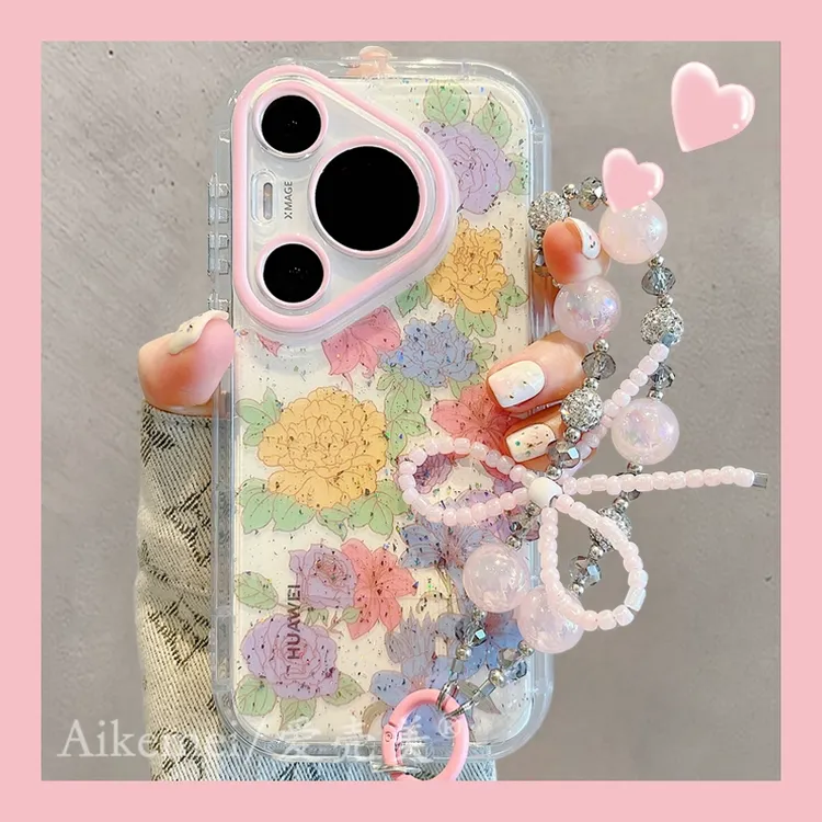适用华为pura70pro+手机壳p60pro透明闪粉Pura70 Ultra彩色花朵女
