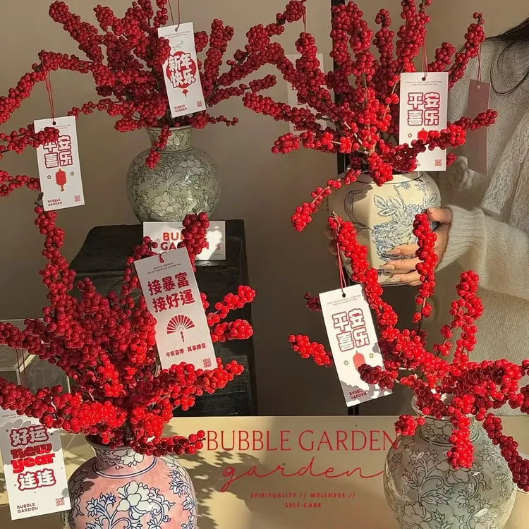 新年年宵花束卡年年胜意家居摆件商场软装福桶冬青挂件祝福礼物卡