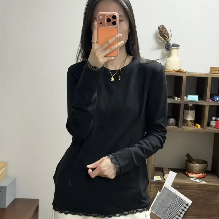 31153-蕾丝圆领打底衫长袖网红常规女士休闲宽松型秋冬T恤