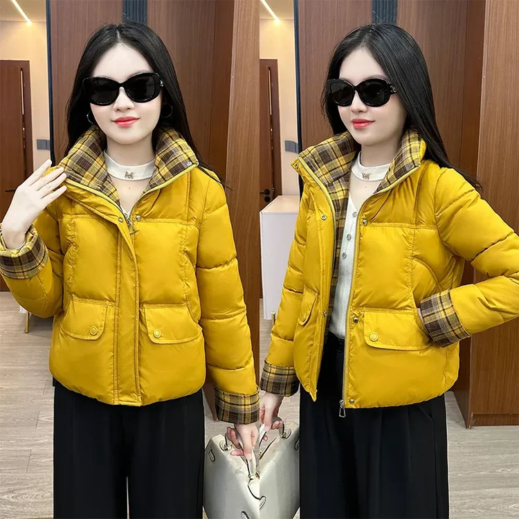 时尚立领短款棉服女冬季新款宽松显瘦加厚保暖格子拼接棉衣潮