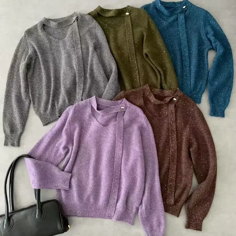 女厚款拼接长袖秋季V领毛针织衫开衫上衣慵懒风韩版