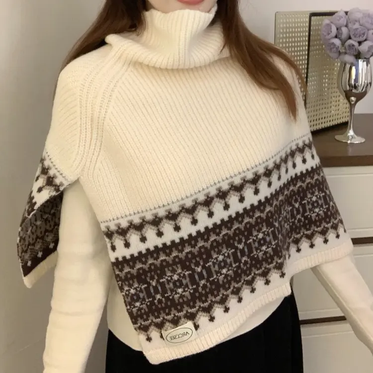 费尔岛复古高领针织披肩围巾女秋冬季斗篷高级感叠穿保暖围脖外搭