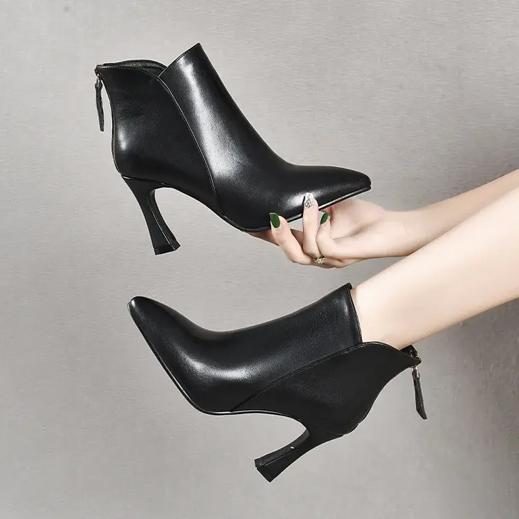 软皮高时尚女2023新款加绒尖头百搭短靴女鞋单靴真皮鞋小跟裸靴