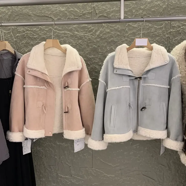 通勤风冬季时尚短款女外套秋冬女装加绒加厚皮毛一体粉色保暖上衣