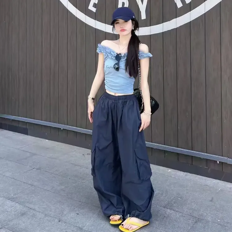 洋气休闲装字母印花甜美木耳边辣妹一字领T恤上衣夏季薄款工装裤