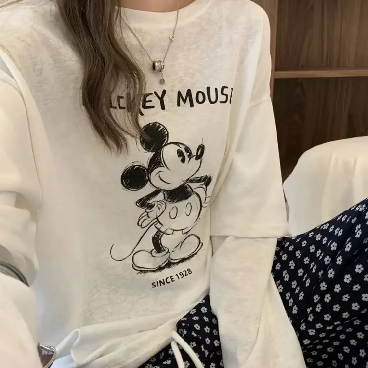 米奇印花纱网杂志风圆领长袖T恤秋季宽松春秋春季时尚白色